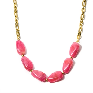 Elegant gold chain necklace with pink marble stones and beads on a white background