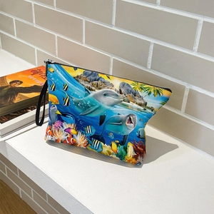 Portable dolphin marine animal print cosmetic bag with zipper and hand strap for travel