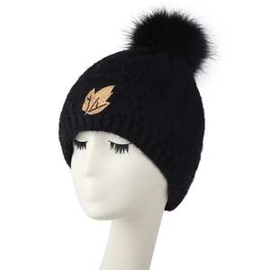 Women Winter Beanie Hat Knit Acrylic Warm Pom Pom Maple Leaf Embroidery Windproof Outdoor Fashion Headwear