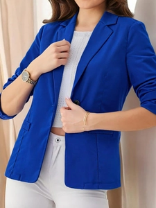 Royal blue slim fit blazer for women featuring notch lapel and single button closure