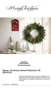 Detail of Christmas wreath with realistic pine needles, red berries and natural cones