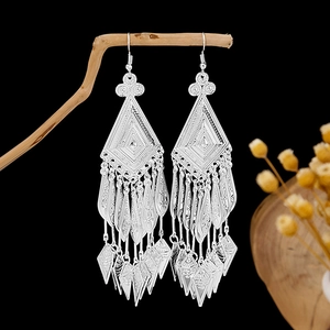 Bohemian long tassel earrings with geometric hollow circles in vintage silver finish