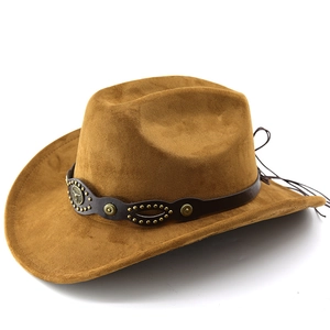 Brown suede western cowboy hat with studded leather band and embossed bull emblem