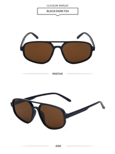 Detail view of black double-bridge aviator sunglasses with dark tea lenses from two angles