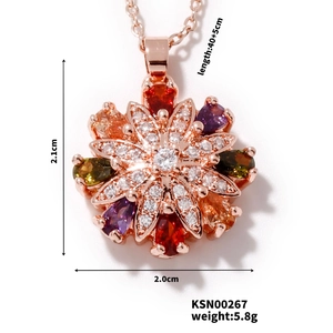 Detailed size specifications for a colorful zircon flower pendant necklace in rose gold