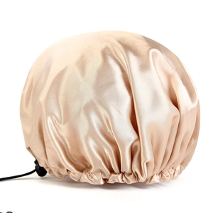 Detail of champagne gold satin shower cap with adjustable elastic drawstring and PEVA lining