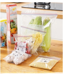 Thickened food storage bags with writing area filled with fresh corn and vegetables