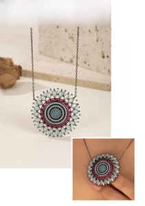 Detailed close-up of Bohemian sun flower necklace with blue beads and colorful crystals