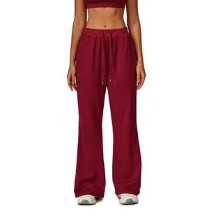 Women's high waist wide leg sweatpants with drawstring and pockets in wine red