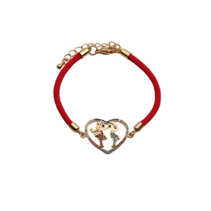 Adjustable red braided rope bracelet with golden heart pendant and zircon couple motif