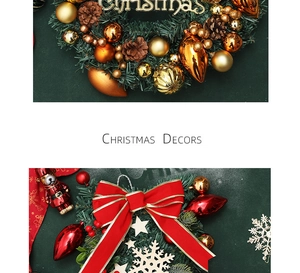Detail of Christmas wreath with golden balls, red bows and pine cones on green background