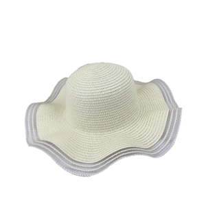 French style woven straw sun hat with wavy brim and lavender striped trim for women