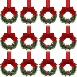 Mini Christmas Wreath Hanging Pendant Long Ribbon Bow Red Berries Artificial Pine Farmhouse Kitchen Cabinet Decor