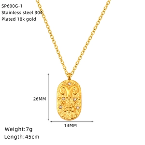 Vintage-Zodiak-Halskette mit ovalem Anhänger aus 18k vergoldetem Edelstahl und Zirkonia