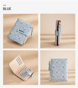 Detail view of a blue floral women's small wallet with card slots and internal structure