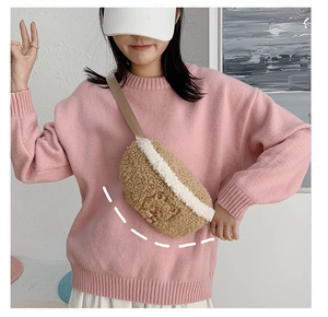 Soft faux shearling crossbody bag featuring cute cartoon bear embroidery and nylon strap