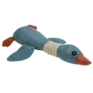 Detail of durable blue plush goose dog toy with bite-resistant woven fabric texture