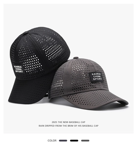 Détail de casquettes de baseball respirantes avec trous en losange et patch sport