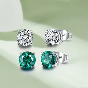 Boucles d'Oreilles Clous en Argent Sterling 925 pour Femmes Coupe Ronde Vert Émeraude Blanc Bleu Ciel Zirconia Bijoux Orecchini