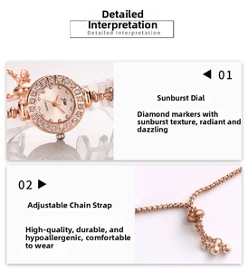 Detail of rose gold jewelry watch featuring sunburst dial and adjustable chain strap