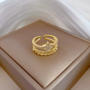 Gold star open ring with micro-pave cubic zirconia in double-layer design for women