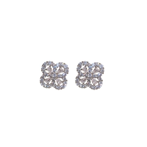 Exquisite silver flower stud earrings with sparkling zircon stones on a white background
