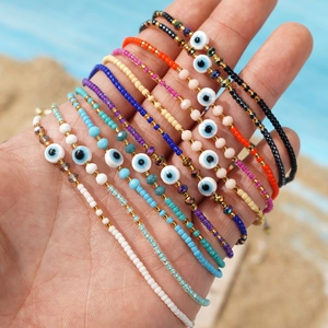 Bohemian colorful evil eye beaded bracelets set for summer beach vacation style
