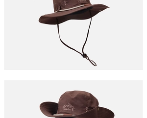 Détail du chapeau de soleil extérieur marron avec broderie montagne et cordon réglable
