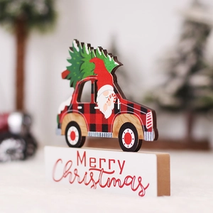 Christmas red plaid car wooden desk ornament featuring Santa Claus and Merry Christmas text