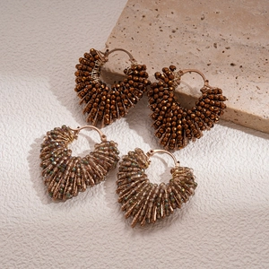 Retro handmade glass beaded heart hoop earrings with metallic wire wrapping in gold and bronze