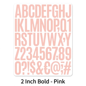 Detailed view of 2-inch pink alphabet and number stickers set in sans-serif font