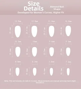 Guide des tailles montrant 12 dimensions pour 24 faux ongles de forme amande