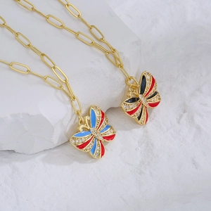 Butterfly Pendant Necklace Copper 18K Gold Plated Zircon Enamel Paperclip Link Chain Delicate Exquisite Niche Jewelry
