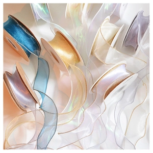 Detailed view of iridescent organza ribbons with gold edges in various colors
