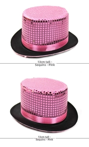 Pink sequin top hat with black brim and pink ribbon decoration showing 13cm height