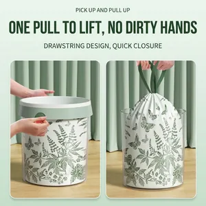 Thickened drawstring trash bags with green leaf print and easy pull-up handle
