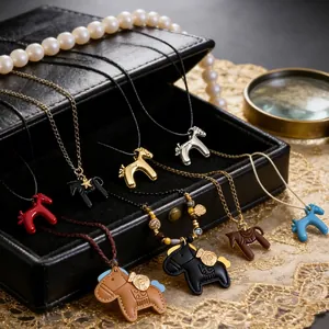 Collier Pendentif Cheval Poney Style Chinois Vintage Plaqué Or Véritable Pièce Cuivre Oeil De Tigre Chaîne Pull Y