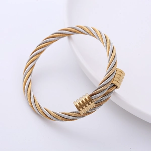 Classic two-tone stainless steel cable wire cuff bracelet with gold-plated threaded ends