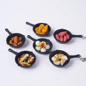 Set of 6 mini simulation frying pan food keychains with detailed resin snacks charms