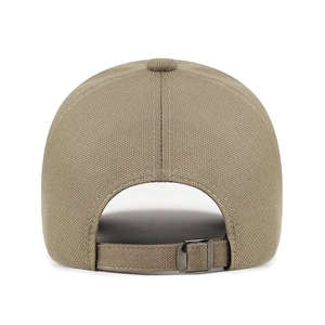 Back view of khaki cotton baseball cap with adjustable metal buckle and six-panel structure