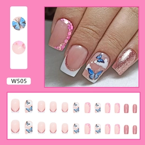 Pink and blue butterfly press-on nails set with glitter gradients and 24 pieces