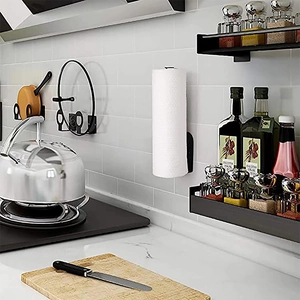 Wall-mounted black stainless steel paper towel holder and kitchen spice rack organizer
