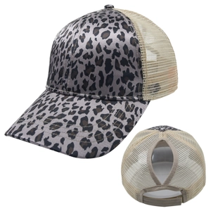 Leopard print mesh baseball cap with ponytail hole and adjustable velcro closure
