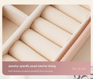 Detail view of beige velvet jewelry storage slots for securing rings and earrings