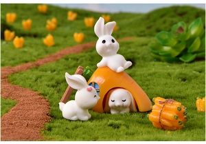 Mini resin rabbit and carrot house ornament detail for garden micro landscape decor.