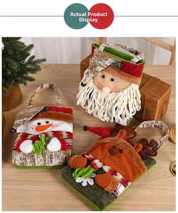 Close-up of Christmas gift bags featuring Santa, Snowman and Reindeer with festive details