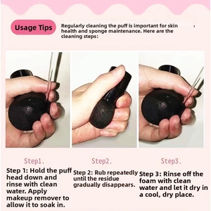 Three-step cleaning guide for mushroom head makeup sponge puffs with handle