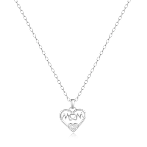 Close-up of S925 sterling silver heart necklace featuring MOM engraving and zircon stones