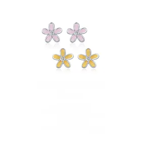 Detailed macro view of S925 silver flower stud earrings with pink and yellow enamel petals