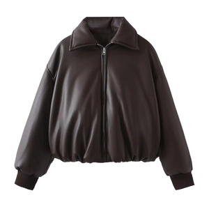 Detail of dark brown faux leather puffer jacket with ribbed cuffs and stand collar